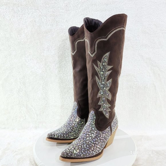 Crystal Dark Brown Multi Rhinestones Country Glam Western Cowgirl Knee Boots - Picture 17 of 17